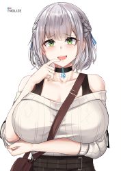 Rule 34 | 1girl, bag, bare shoulders, between breasts, black choker, black straps, blush, braid, breasts, choker, cleavage, finger to mouth, french braid, green eyes, hair between eyes, handbag, highres, hololive, hololive fantasy, large breasts, off shoulder, open mouth, pixiv username, ribbed sweater, shirogane noel, shirogane noel (casual), short hair, silver hair, skirt, strap between breasts, sweater, tnolize, virtual youtuber, white background, white sweater