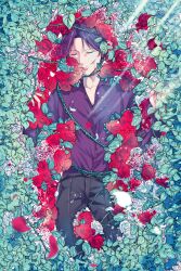 Rule 34 | 1boy, black pants, bleeding, blood, blood on face, blood on flower, bound, carcassa1104, closed eyes, closed mouth, collarbone, cuts, flower, formal, highres, injury, kindaichi shounen no jikenbo, leaf, long sleeves, male focus, pants, parted bangs, petals, plant, purple hair, purple shirt, red flower, red rose, rose, rose petals, shirt, short hair, solo, sunlight, takatoo youichi, thorns, tied up (nonsexual), vegetation, vines, white flower, white rose