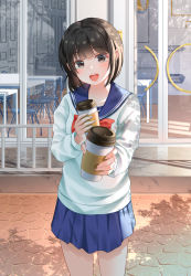 Rule 34 | 1girl, :d, absurdres, black hair, blue sailor collar, blue skirt, blush, bow, breasts, brown eyes, chair, cup, disposable cup, gonzz (gon2rix), head tilt, highres, holding, holding cup, long sleeves, looking at viewer, open mouth, original, outdoors, pleated skirt, red bow, sailor collar, school uniform, serafuku, shirt, skirt, small breasts, smile, solo, standing, table, teeth, upper teeth only, white shirt, window