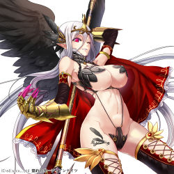Rule 34 | 1girl, ;d, armor, blush, breasts, cape, collar, elbow gloves, gauntlets, gloves, hair between eyes, head wings, highres, jewelry, large breasts, long hair, looking at viewer, lots of jewelry, meiyaku no guardian knights, midriff, navel, one eye closed, open mouth, original, parted lips, pink eyes, pointy ears, revealing clothes, silver hair, simple background, smile, stomach, tattoo, thighhighs, tiara, underboob, very long hair, weapon, white background, wings, wink, yamacchi