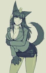 Rule 34 | 1girl, absurdres, alternate costume, animal ear fluff, animal ears, animal hands, anubis (monster girl encyclopedia), arm under breasts, black hair, blush, bra, bra peek, breasts, claws, collarbone, commentary, commission, contemporary, english commentary, frilled bra, frills, hand on own thigh, highres, ittla, jewelry, large breasts, leaning forward, long hair, long sleeves, looking at viewer, miniskirt, monster girl encyclopedia, muted color, office lady, pantyhose, pencil skirt, second-party source, simple background, skirt, smile, solo, tail, underwear