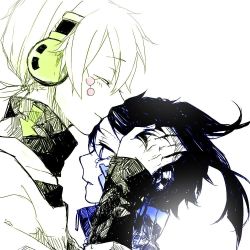 Rule 34 | 1boy, 1girl, blue eyes, couple, ene (kagerou project), closed eyes, kissing forehead, headphones, hetero, kagerou project, kiss, kissing forehead, konoha (kagerou project), long hair, rubill, sketch, tears, twintails