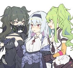 Rule 34 | 3girls, black gloves, camouflage, camouflage jacket, collared shirt, commentary request, eye contact, gas mask, girls&#039; frontline, gloves, green hair, hairband, jacket, long hair, looking at another, m950a (girls&#039; frontline), mask, multiple girls, open mouth, red eyes, sangvis ferri, scar, scarecrow (girls&#039; frontline), shirt, silver hair, simple background, thunder (girls&#039; frontline), twintails, white background, white shirt, zocehuy