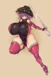 Rule 34 | 1girl, 2b-ge, bare shoulders, beige background, breasts, curvy, elbow gloves, female focus, gloves, hat, highres, huge breasts, leotard, needle, ninja, open mouth, purple hair, red eyes, shiny skin, short hair, smile, solo, sparkle, standing, sukuna shinmyoumaru, taut leotard, thick thighs, thighs, touhou, wide hips