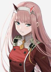 Rule 34 | 1girl, blush, commentary, darling in the franxx, eyelashes, fagi (kakikaki), green eyes, hairband, horns, long hair, looking to the side, parted lips, pink hair, simple background, solo, teeth, turtleneck, upper body, zero two (darling in the franxx)