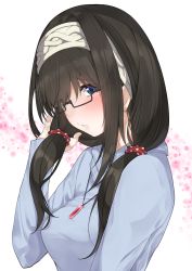 Rule 34 | 1girl, absurdres, alternate hairstyle, black-framed eyewear, black hair, blue eyes, blue sweater, blush, breasts, commentary request, glasses, go-1, hairband, highres, holding, holding own hair, idolmaster, idolmaster cinderella girls, jewelry, large breasts, long hair, looking at viewer, looking to the side, necklace, parted lips, revision, sagisawa fumika, semi-rimless eyewear, solo, sweater, twintails, white background