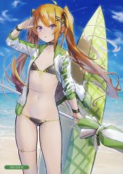 Rule 34 | 1girl, absurdres, ahoge, beach, bikini, black bikini, blue sky, blush, breasts, choker, cloud, day, deluxe&lt;&lt;&lt;, flat chest, front-tie top, groin, hair ribbon, highres, holding, holding umbrella, jacket, long hair, long sleeves, lowleg, melonbooks, navel, ocean, open clothes, open jacket, open mouth, orange hair, original, outdoors, parasol, purple eyes, ribbon, sand, sky, small breasts, solo, standing, stomach, surfboard, swimsuit, thighlet, track jacket, twintails, umbrella, very long hair, water, wristband