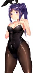 Rule 34 | 1girl, animal ears, bare shoulders, black leotard, black pantyhose, breast suppress, breasts, cleavage, closed mouth, covered navel, fake animal ears, fishnet pantyhose, fishnets, highres, large breasts, leotard, long hair, looking at viewer, love live!, love live! sunshine!!, matsuura kanan, nanasumi (pantie party project), pantyhose, playboy bunny, ponytail, purple eyes, purple hair, rabbit ears, rabbit tail, sidelocks, simple background, smile, solo, tail, white background