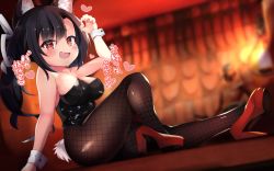 Rule 34 | 1girl, absurdres, akiba monaka, animal ears, arm support, azur lane, bare arms, bare shoulders, black hair, black leotard, blurry, blurry background, blush, breasts, bright pupils, brown pantyhose, cleavage, collarbone, commentary request, dutch angle, fang, fishnet pantyhose, fishnets, furrowed brow, heart, high heels, highres, knee up, legs, leotard, long hair, looking at viewer, open mouth, pantyhose, red eyes, red footwear, shigure (azur lane), shiny clothes, skin tight, solo, strapless, strapless leotard, translation request, white pupils, wolf ears, wolf girl, wrist cuffs