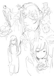 1girl absurdres closed_eyes collage cup flower greyscale hair_flower hair_ornament highres holding holding_cup lineart long_hair monochrome norakura_(nr_kura) original sketch