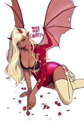 Rule 34 | 1girl, artist name, black bra, blonde hair, bra, cherry, cherry (manda schank), dark-skinned female, dark skin, food, fruit, horns, long hair, looking at viewer, manda schank, original, pencil skirt, red eyes, red horns, red skirt, shoes, signature, skirt, smile, solo, tattoo, thighhighs, underwear, white background, white footwear, white thighhighs