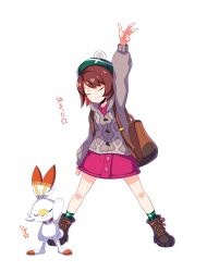 Rule 34 | 1girl, arm up, backpack, bad id, bad pixiv id, bag, boots, brown bag, brown footwear, buttons, cardigan, charizard pose, closed eyes, closed mouth, commentary request, creatures (company), dress, eyelashes, game freak, gen 8 pokemon, gloria (pokemon), green headwear, green legwear, grey cardigan, hat, highres, legs apart, long sleeves, nintendo, pink dress, plaid, plaid legwear, pokemon, pokemon (creature), pokemon swsh, s ryouchi, scorbunny, smile, socks, standing, star (symbol), tam o&#039; shanter, translation request, w
