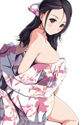 Rule 34 | 1girl, bare shoulders, black eyes, black hair, blush, bow, breasts, hair bow, hair ribbon, highres, large breasts, long hair, looking at viewer, looking to the side, matsunaga kouyou, original, ribbon, sideboob, simple background, smile, solo, undressing, white background
