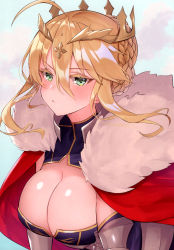 Rule 34 | 1girl, absurdres, ahoge, artoria pendragon (fate), artoria pendragon (lancer) (fate), blonde hair, braid, breasts, cape, cleavage, closed mouth, crown, eyelashes, fate/grand order, fate (series), french braid, fur trim, green eyes, hair between eyes, highres, large breasts, looking at viewer, red cape, sidelocks, solo, suzuho hotaru, upper body