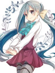 Rule 34 | 10s, 1girl, artist name, bad id, bad twitter id, blue hair, blush, bow, bowtie, bug, butterfly, cowboy shot, dress shirt, grey eyes, grey hair, own hands clasped, bug, kantai collection, kiyoshimo (kancolle), long hair, long sleeves, multicolored hair, nunucco, own hands together, pantyhose, shirt, signature, silhouette, smile, solo, twintails, v arms, very long hair, white background