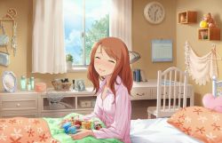 Rule 34 | 10s, 1girl, :d, ^ ^, analog clock, bag, basket, bed, bed sheet, bedroom, blue sky, blush, book, bookend, bottle, breasts, buttons, calendar (object), chair, chest of drawers, clock, closed eyes, clothes hanger, cloud, cloudy sky, collarbone, container, day, desk, desk lamp, doily, dot nose, facing viewer, floral print, framed image, hair over shoulder, handbag, headboard, heart, heart-shaped pillow, houjou karen, idolmaster, idolmaster cinderella girls, idolmaster cinderella girls starlight stage, indoors, jewelry, juice box, kamiya nao, lamp, light rays, long hair, magazine (object), medium breasts, messy hair, mirror, morning, necklace, nose blush, official art, open mouth, pajamas, perfume bottle, photo (object), picture frame, pillow, plant, potted plant, print pillow, print sheet, raised eyebrows, shelf, shibuya rin, shirt, sitting, sky, smile, snack, solo, stole, stole removed, striped clothes, striped shirt, stuffed animal, stuffed toy, sunbeam, sunlight, swept bangs, teddy bear, tree, unbuttoned, unbuttoned shirt, under covers, unworn jewelry, unworn necklace, vertical-striped clothes, vertical-striped shirt, wall clock, water bottle, wing collar