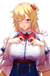 Rule 34 | 1girl, absurdres, akai haato, akai haato (1st costume), aqua eyes, belt, blonde hair, blue skirt, blush, breasts, casual, closed mouth, hair ornament, hair ribbon, hairclip, hands on own chest, highres, hololive, large breasts, long hair, looking at viewer, misa pika, nail polish, neck ribbon, one eye closed, red nails, ribbon, shirt, skirt, smile, solo, tongue, tongue out, upper body, very long hair, virtual youtuber, white background, white shirt