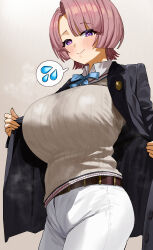 Rule 34 | 1girl, absurdres, arimura mao, asymmetrical bangs, belt, blazer, blue necktie, blunt bangs, blunt ends, blush, breasts, cardigan, chinese commentary, closed mouth, commentary request, cowboy shot, denim, feipin zhanshi, gakuen idolmaster, highres, huge breasts, idolmaster, impossible clothes, jacket, jeans, looking at viewer, necktie, pants, pink hair, purple eyes, school uniform, short hair, simple background, smile, solo, spoken sweatdrop, steaming body, sweatdrop, white pants
