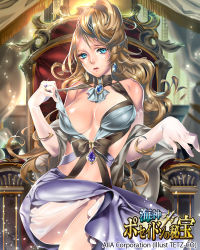Rule 34 | 1girl, artist name, bare shoulders, blue eyes, breasts, brooch, brown hair, cleavage, clothes pull, copyright name, curtains, earrings, elbow gloves, gem, gloves, hair up, jewelry, kaishin poseidon no hihou, large breasts, logo, long hair, original, ribbon, ring, sad, shiny skin, side slit, sitting, solo, tetz-co, throne, very long hair, white gloves