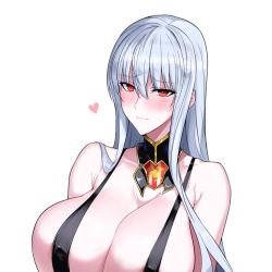 Rule 34 | 1girl, arm under breasts, black gloves, blush, breasts, cleavage, detached collar, gloves, hair between eyes, halcon, holding own arm, large breasts, long bangs, long hair, looking at viewer, red eyes, revision, selvaria bles, senjou no valkyria, senjou no valkyria (series), senjou no valkyria 1, silver hair, simple background, slingshot swimsuit, solo, swimsuit, upper body, white background