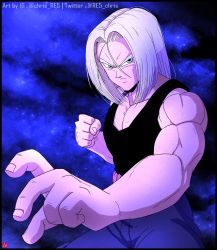 Rule 34 | 1boy, black border, black tank top, border, chris re5, clenched hand, dragon ball, dragonball z, fighting stance, frown, hair between eyes, male focus, medium hair, muscular, muscular male, serious, signature, solo, tank top, thick arms, trunks (dragon ball), trunks (future) (dragon ball), twitter username, upper body, v-shaped eyebrows