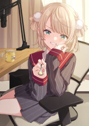 Rule 34 | 1girl, absurdres, black shirt, black skirt, blonde hair, braid, curtains, desk, elbow rest, fingernails, food, green eyes, grin, highres, holding, holding spoon, incoming food, indie virtual youtuber, indoors, light blush, long sleeves, looking at viewer, mamdtsubu, medium hair, microphone, miniskirt, pom pom (clothes), pov, pudding, sailor collar, school uniform, serafuku, shigure ui (vtuber), shigure ui (vtuber) (1st costume), shirt, sitting, skirt, smile, solo, spoon, striped clothes, striped shirt, striped skirt, swivel chair, vertical-striped clothes, vertical-striped shirt, vertical-striped skirt, virtual youtuber