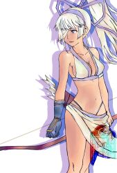 1girl archery bikini blue_eyes breasts cleavage dark-skinned_female dark_skin eyepatch gloves highres large_breasts legs long_hair majikina_mina mujinadox navel pink_lips ponytail samurai_spirits sarong sideboob smile snk solo swimsuit thighs thong_bikini white_bikini white_hair