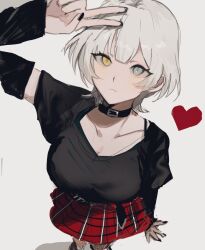 Rule 34 | 1girl, bang dream!, bang dream! it&#039;s mygo!!!!!, black choker, black shirt, blue eyes, breasts, choker, closed mouth, collarbone, commentary, detached sleeves, e9 (reve0126), heart, heterochromia, kaname raana, large breasts, long hair, plaid clothes, plaid skirt, red skirt, shirt, short hair, short sleeves, simple background, skirt, solo, symbol-only commentary, white background, white hair, yellow eyes