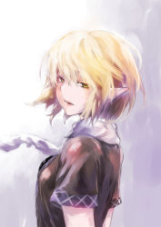 Rule 34 | 1girl, amamitsu kousuke, bad id, bad pixiv id, blonde hair, gradient background, green eyes, looking at viewer, looking back, mizuhashi parsee, open mouth, pointy ears, portrait, scarf, shirt, short hair, short sleeves, solo, touhou