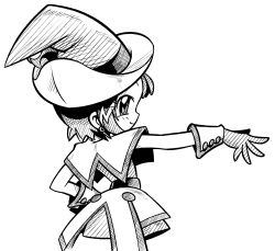Rule 34 | 1girl, arukime, child, greyscale, hand on own hip, hat, highres, hip focus, looking back, monochrome, ojamajo doremi, outstretched hand, segawa onpu, short hair, smile, solo, witch hat