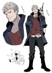 Rule 34 | 1boy, blood, blue coat, blue eyes, boots, coat, devil may cry (series), devil may cry 5, grey hair, hands in pockets, highres, hood, hood down, male focus, mayutsuba mono, mechanical arms, multiple views, nero (devil may cry), open mouth, simple background, single mechanical arm, sketch, sleeves rolled up, smile, standing, sword, teeth, torn clothes, weapon, weapon on back, white background