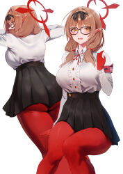 Rule 34 | 1girl, absurdres, armband, ass, back, black skirt, blue archive, blush, breasts, chinatsu (blue archive), closed eyes, collared shirt, dress shirt, glasses, gloves, hairband, halo, highres, large breasts, light brown hair, long hair, long sleeves, looking at viewer, low twintails, lying, multiple views, on stomach, open mouth, pantyhose, pleated skirt, pointy ears, red gloves, red pantyhose, rororo, shirt, sitting, skirt, thighs, twintails, white shirt, yellow eyes