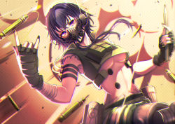 Rule 34 | 1girl, \m/, absurdres, apex legends, balisong, black gloves, black hair, breasts, bullet, butterfly knife (apex legends), commentary, cosplay, cropped vest, fingerless gloves, floating hair, gloves, green vest, grey shorts, head tilt, headphones, highres, holding, holding knife, ichinose uruha, kiiro (cocoa080), knife, looking at viewer, lupinus virtual games, mechanical legs, medium breasts, navel, octane (apex legends), octane (apex legends) (cosplay), purple eyes, short hair with long locks, shorts, solo, stomach, syringe, underboob, v-shaped eyebrows, vest, virtual youtuber, vspo!