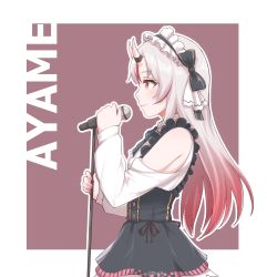 Rule 34 | 1girl, absurdres, bare shoulders, character name, commentary, disco brando, from side, gradient hair, headdress, highres, hololive, horns, long hair, microphone, microphone stand, multicolored hair, nakiri ayame, nakiri ayame (girly), outline, profile, red eyes, red hair, simple background, skin-covered horns, smile, solo, streaked hair, two-tone hair, virtual youtuber, white hair, white outline