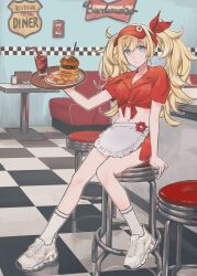 Rule 34 | 1girl, blonde hair, blue eyes, brand name imitation, budweiser, burger, checkered floor, collared shirt, cup, diner, drink, drinking glass, employee uniform, food, full body, gambier bay (kancolle), hat, indoors, kantai collection, long hair, mai (maika 04), midriff, red hat, red shirt, red skirt, shirt, shoes, sitting, skirt, sneakers, socks, solo, stool, tied shirt, twintails, uniform, visor cap, white footwear, white socks