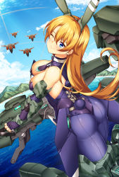 Rule 34 | 1girl, alice gear aegis, animal ears, ass, back, back-seamed legwear, bad id, bad pixiv id, bare shoulders, blonde hair, blue eyes, blue sky, blush, breasts, cleavage, closed mouth, cloud, cloudy sky, commentary request, cowboy shot, day, elbow gloves, fake animal ears, fingerless gloves, floating, floating hair, from behind, gloves, gun, hair between eyes, headgear, highres, holding, holding gun, holding weapon, large breasts, leotard, long hair, looking at viewer, looking back, mecha musume, mechanical spine, mountain, necktie, one eye closed, outdoors, over water, pantyhose, playboy bunny, purple gloves, purple leotard, purple necktie, purple pantyhose, rabbit ears, rabbit tail, science fiction, seamed legwear, shiny clothes, shiny skin, shirokuma a, skin tight, sky, sleeveless, smile, solo, strapless, strapless leotard, tail, thighs, virginia glynnberets, water, weapon