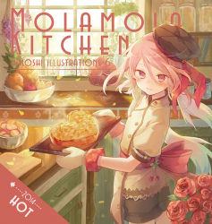 Rule 34 | 1girl, apple, apron, blush, bowl, cake, flower, food, fruit, hat, ibara riato, looking at viewer, mittens, orange (fruit), original, oven mitts, pineapple, pink eyes, pink hair, puffy short sleeves, puffy sleeves, red flower, red rose, rose, shirt, short sleeves, shorts, solo, tray, window
