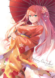 Rule 34 | 1girl, 2022, blush, braid, breasts, collarbone, dutch angle, feet out of frame, floral print, flower, from below, green eyes, hair between eyes, hair flower, hair ornament, happy new year, highres, japanese clothes, kimono, large breasts, long hair, looking at viewer, new year, obi, open mouth, original, parasol, pink hair, ponytail, sash, sebu illust, sidelocks, smile, umbrella, very long hair