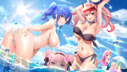Rule 34 | 5girls, :q, ahoge, arched back, armpits, arms up, ass, ass grab, azur lane, ball, bare arms, bare shoulders, beachball, bent over, bikini, black bikini, black choker, blue hair, breasts, bremerton (azur lane), choker, cleavage, day, double bun, hair bun, hair ribbon, highres, holding, large breasts, long hair, looking at viewer, looking back, marblehead (azur lane), memphis (azur lane), mole, mole on breast, multiple girls, navel, one-piece swimsuit, outdoors, pink hair, purple eyes, ribbon, saratoga (azur lane), shaded face, side-tie bikini bottom, silveroid, st. louis (azur lane), stomach, strapless, sun, sunlight, swimsuit, thighs, tongue, tongue out, tube top, twintails, wading, water, wet, white bikini