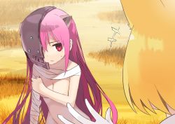 Rule 34 | +++, 10s, 2girls, animal ears, bandages, bandages, blonde hair, breasts, covering privates, covering breasts, crossover, elfen lied, grass, half-closed eyes, helmet, horns, kemono friends, long hair, lucy (elfen lied), multiple girls, naked bandage, navel, nude, parted lips, pink hair, red eyes, savannah, serval (kemono friends), short hair, small breasts, sweatdrop, tokiti, very long hair