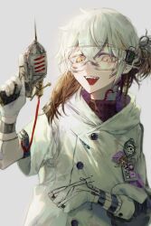 Rule 34 | 1other, ambiguous gender, bbkr0 0, brown hair, buttons, coat, commentary request, gloves, hair between eyes, highres, holding, holding weapon, korean commentary, lab coat, looking at viewer, medicine pocket, multicolored hair, name tag, open mouth, reverse:1999, safety glasses, side ponytail, solo, syringe, teeth, upper body, upper teeth only, weapon, white coat, white gloves, white hair, yellow eyes