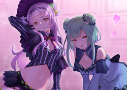Rule 34 | 2girls, :d, alternate breast size, aqua hair, arm up, artist request, bare shoulders, breasts, cleavage, double bun, dress, g-sammy, green hair, grey hair, hair bun, hair ornament, hat, heart, highres, hololive, leaning forward, light purple hair, long hair, long sleeves, looking at viewer, medium breasts, midriff, multiple girls, murasaki shion, murasaki shion (1st costume), navel, open mouth, red eyes, single hair bun, skirt, skull, skull hair ornament, smile, uruha rushia, uruha rushia (1st costume), virtual youtuber, witch hat, yellow eyes