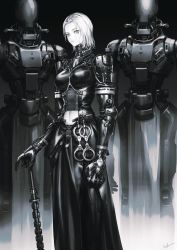 Rule 34 | 1girl, 2others, armor, belt, belt buckle, black bodysuit, bodysuit, breasts, buckle, clothing cutout, cuffs, grey eyes, hand on hilt, handcuffs, highres, infukun, large breasts, leather, looking at viewer, multiple others, navel, navel cutout, original, pale skin, pelvic curtain, science fiction, shiny clothes, shoulder armor, signature, standing, white hair