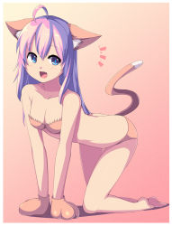 Rule 34 | 1girl, ahoge, all fours, animal ears, animal hands, bent over, blue eyes, blush, bra, breasts, cat ears, cat girl, cat tail, cleavage, fang, female focus, gloves, gradient background, highres, long hair, open mouth, original, panties, paw gloves, pink hair, saiste, smile, solo, tail, underwear, very long hair