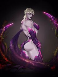 Rule 34 | 1boy, ass, blonde hair, claws, collarbone, colored skin, dio brando, evelynn (league of legends), highres, huge ass, jojo no kimyou na bouken, large pectorals, league of legends, lips, long hair, looking at viewer, male focus, minggiijwinjsj, pectorals, purple lips, smile, solo, tentacles, white hair, yellow eyes