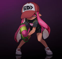Rule 34 | 1girl, artist name, bad id, bad pixiv id, baseball cap, bike shorts, black shorts, blunt bangs, busujima funya, commentary, cross-laced footwear, gradient background, hat, highres, holding, holding weapon, inkling, inkling girl, inkling player character, leaning forward, logo, long hair, looking at viewer, nintendo, open mouth, pink eyes, pink hair, pointy ears, print headwear, print shirt, purple background, red hat, reflection, shirt, shoes, shorts, single vertical stripe, smirk, solo, splatoon (series), splatoon 1, standing, t-shirt, tan, tentacle hair, twitter username, weapon, white footwear
