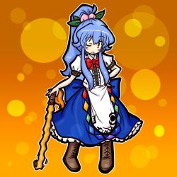 Rule 34 | 1girl, alternate hairstyle, blue hair, boots, bow, cross-laced footwear, dress, eruru (erl), female focus, food, fruit, hair bow, hinanawi tenshi, lace-up boots, long hair, one eye closed, peach, ponytail, red eyes, ribbon, solo, sword, touhou, weapon, wink
