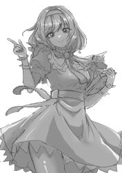 Rule 34 | 0002koko, 1girl, absurdres, alice margatroid, book, closed mouth, commentary request, dress, greyscale, hair intakes, hairband, highres, holding, holding book, looking at viewer, monochrome, short hair, short sleeves, simple background, smile, solo, standing, touhou, wrist cuffs