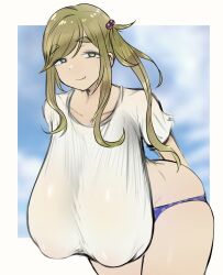 Rule 34 | ass, bent over, breasts, curvy, fang, hanging breasts, highres, huge breasts, inuyama aoi, looking at viewer, naughty face, panties, smile, thick thighs, thighs, todakenji, underwear, yurucamp
