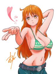 Rule 34 | 1girl, absurdres, arm behind head, armpits, artist name, bikini, bikini top only, blowing kiss, breasts, cleavage, denim, highres, jeans, large breasts, legs, long hair, looking at viewer, midriff, nami (one piece), navel, one piece, orange hair, pants, puckered lips, solo, swimsuit, thighs, underboob